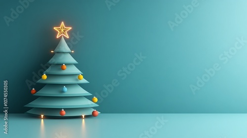 Wallpaper Mural Minimalist Christmas Tree with Colorful Ornaments and Bright Star on Turquoise Wall for Modern Holiday Decor and Festive Celebrations Torontodigital.ca