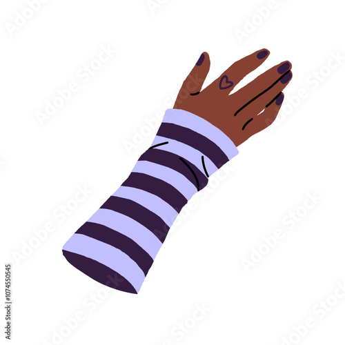 Female hand with cute tattoo top view. African American woman with black nails and heart shape tatoo on her finger. Girl with groomed manicure. Flat isolated vector illustration on white background