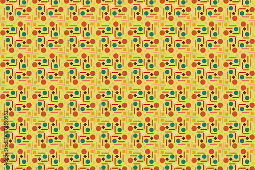 Vibrant abstract pattern of geometric shapes in lively colors on a yellow background