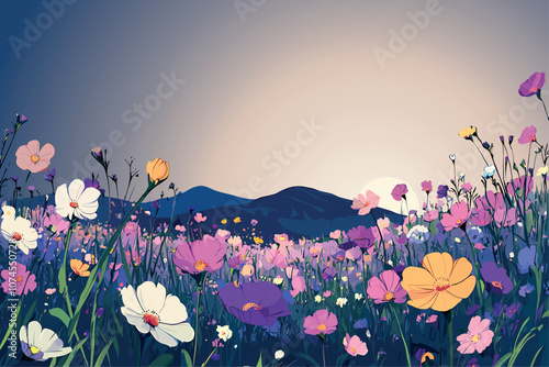 Cosmos flower blossoming spring summer field landscape background. Sunset vibrant evening colors. Nature beauty botanical backdrop with wildflowers. Mountains at the back. Cartoon style vector