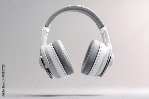 A pair of over- headphones floating in the air, with gray and white colors against a light gray background. The cups have silver accents on both sides