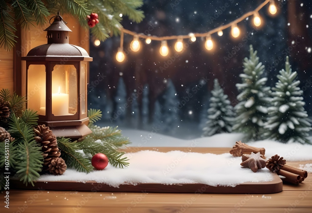 Christmas-themed table mockup with snow-covered pine branches, lanterns, and festive decor Christmas-themed table mockup with snow-covered pine branches, lanterns, and festive decor