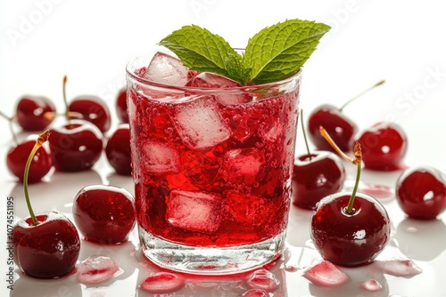 A close-up shot of a refreshing drink with ice and cherries