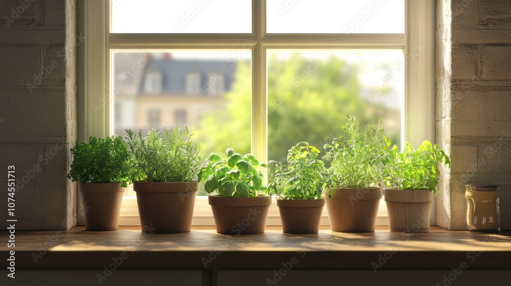 Compact indoor herb garden setup, small pots with fresh herbs in cozy kitchen,