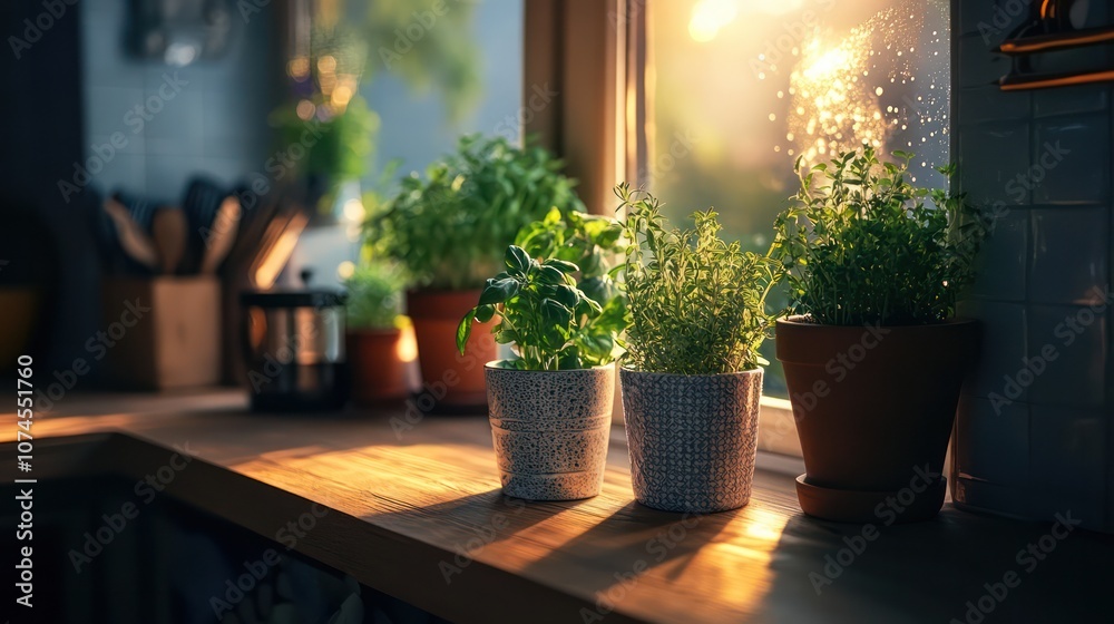 Compact indoor herb garden setup, small pots with fresh herbs in cozy kitchen, Compact indoor herb garden setup, small pots with fresh herbs in cozy kitchen,
