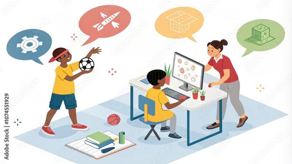 Engaging Children in Creative Learning with Sports and Technology: Illustration of Kids Playing Soccer and a Young Girl Working on a Computer