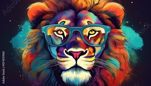A lion wearing glasses artistic and cartoon effect