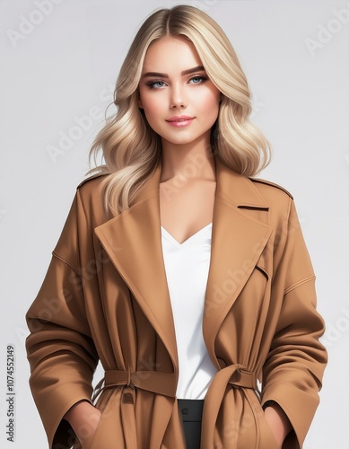 studio portrait of a blonde model wearing a brown coat on white background, fashion photography