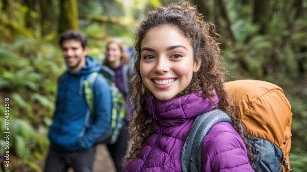 Group of friends hiking in a lush forest. Group of friends hiking in a lush forest.