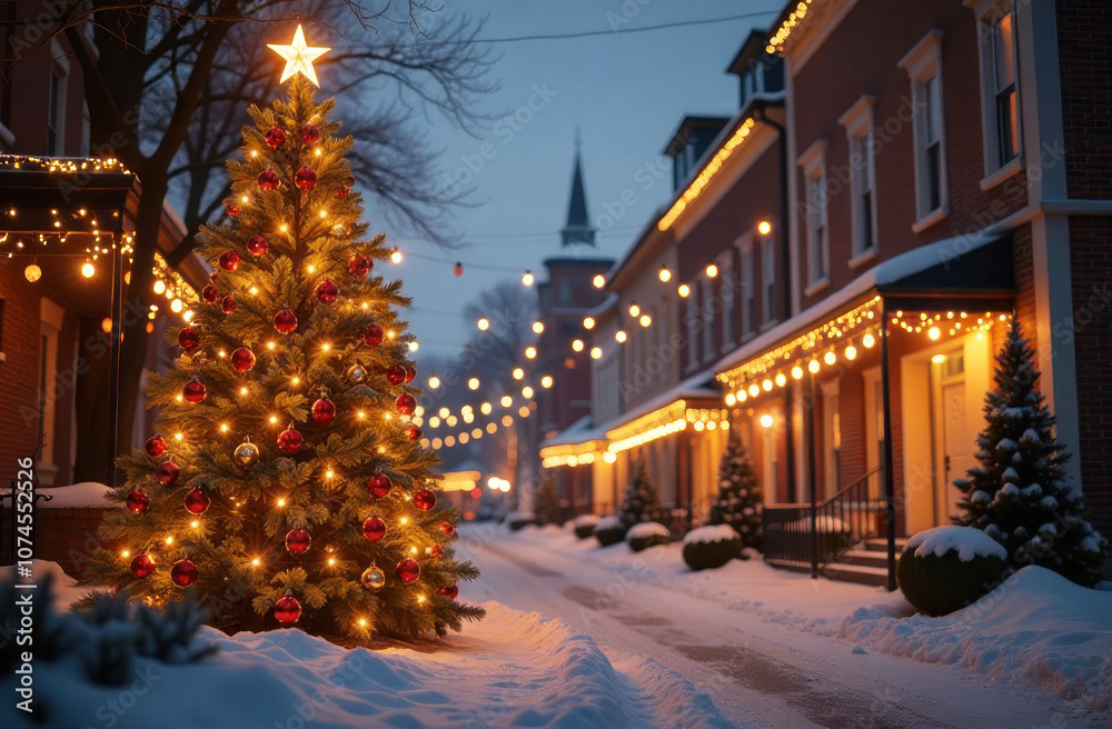 A beautifully lit Christmas tree stands on a snowy street surrounded by warm glowing lights and seasonal decorations A beautifully lit Christmas tree stands on a snowy street surrounded by warm glowing lights and seasonal decorations