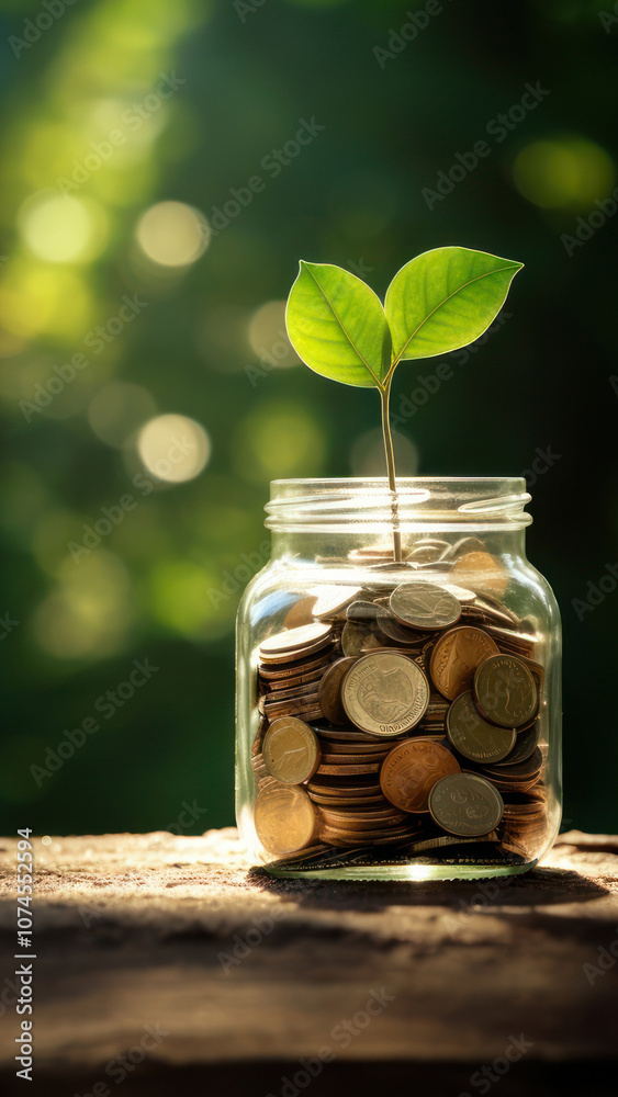 photo of coins in a mason jar, with a small sprout. photo of coins in a mason jar, with a small sprout.