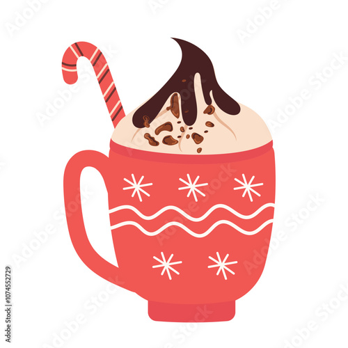 Cup with cocoa, whipped cream,chocolate chips. Vector of a cup with hot traditional winter drink