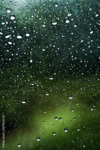 Rain drops on window glass at green background rainy fall autumn weather. Abstract background with raindrops and blurred daylight. Outside window is blurred bokeh water of nature. Copy ad text space