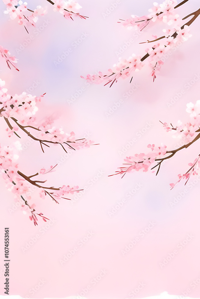 Fototapeta premium water color painting of Horizontal banner with sakura flowers of pink color on sunny backdrop. Beautiful nature spring background with a branch of blooming sakura. Sakura blossoming season in Japan