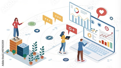 Business Analysis and Digital Marketing Strategy Visualization with Data Charts, Graphs, and Team Collaboration in a Modern Office Environment