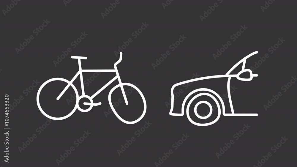 Collision with bike animation. Animated road accident with bicycle white line icon. Accident involving cyclist and car. Isolated illustration on dark background. Transition alpha video. Motion graphic