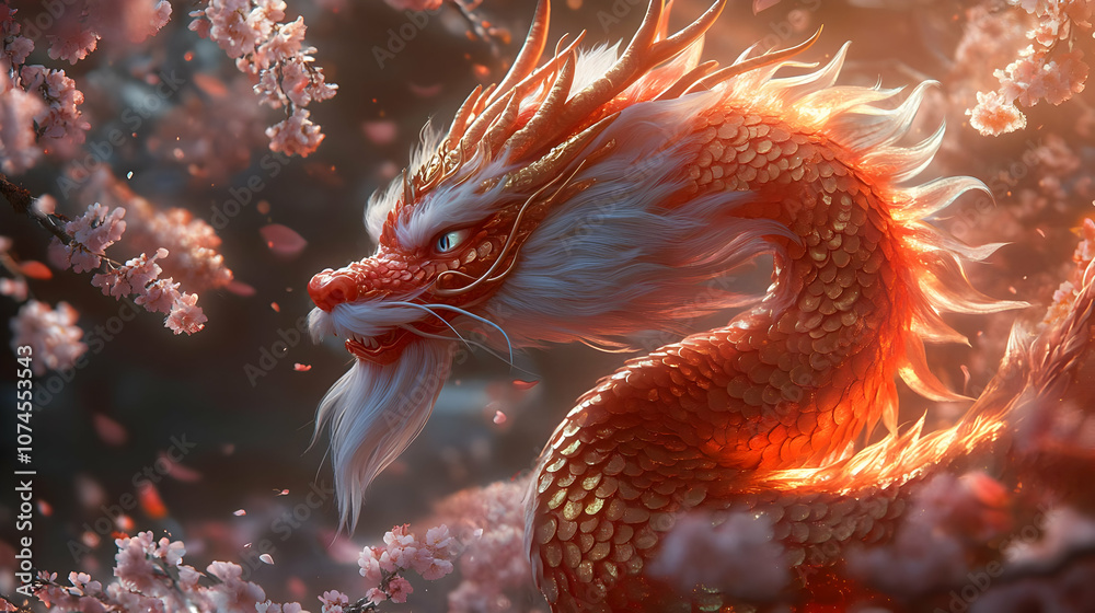 Golden Dragon Illustration with Cherry Blossoms