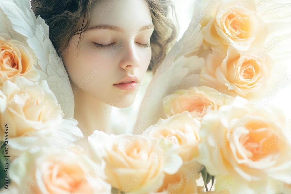 Obraz premium A woman sitting with her eyes closed surrounded by a bouquet of roses