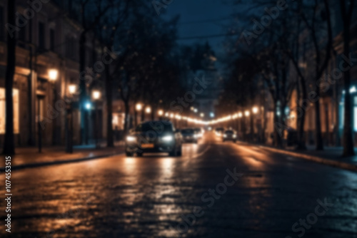 Night urban street with blurred bokeh light cars and street lamps, poster. Abstract backdrop of defocused lights at cityscape, nightlife city. Perfect urban backgrounds for design. Copy ad text space