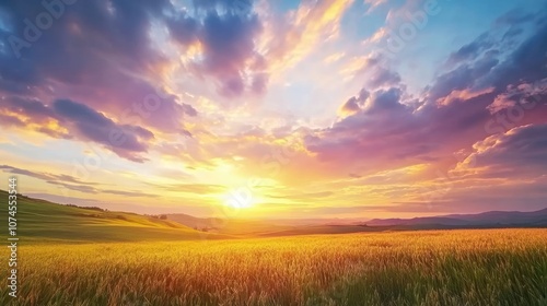 Breathtaking Sunset Over Expansive Field with Vibrant Colors Across the Sky