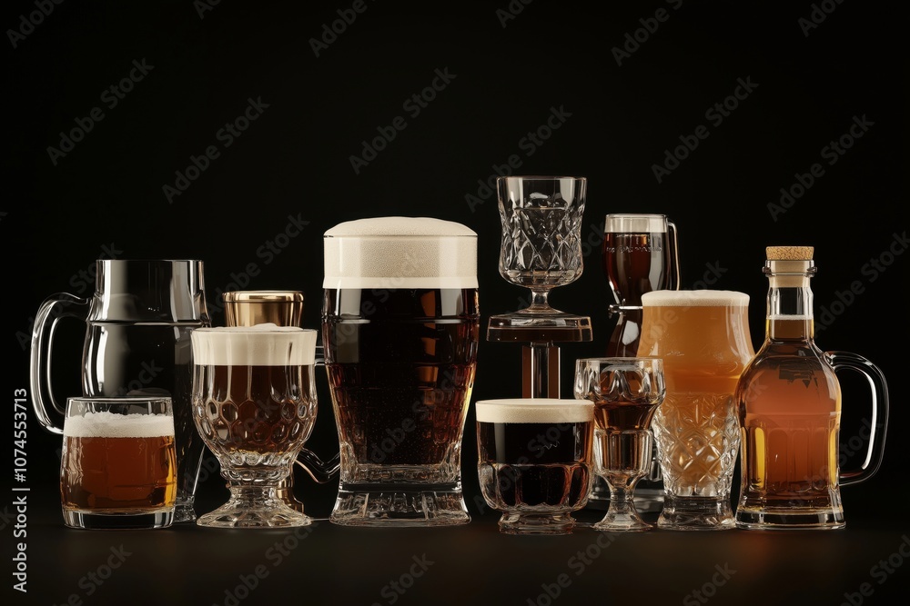 Variety of beer and spirits in elegant glassware, showcasing different styles and colors Variety of beer and spirits in elegant glassware, showcasing different styles and colors