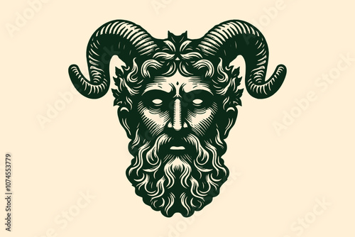 Satyr, faun, pan portrait. Hand drawn vintage engraving vector illustration. Emblem, print, tattoo, icon.