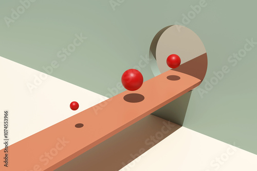 Fototapeta Naklejka Na Ścianę i Meble -  Red spheres rolling down a path through a circular hole in a wall