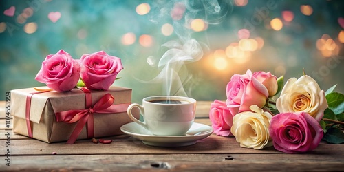 Surreal Mother's Day Celebration: Coffee, Roses, and Gifts in a Dreamlike Setting with Copy Space for Personal Messages