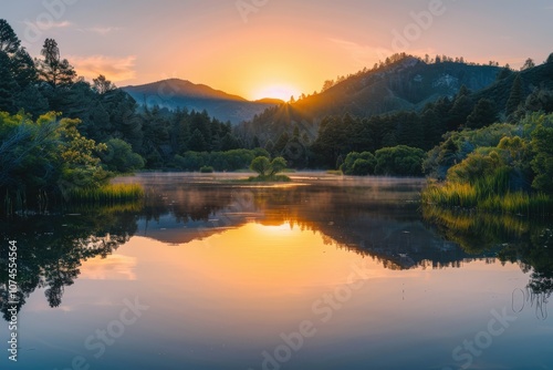Serene Sunrise Over a Mountain Lake With Fog