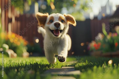 A cute and cuddly short-legged dog joyfully runs around a colorful garden photo