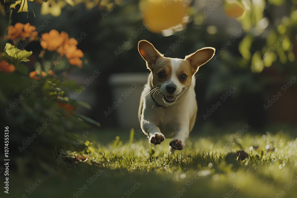 A cute and cuddly short-legged dog joyfully runs around in a lush garden A cute and cuddly short-legged dog joyfully runs around in a lush garden