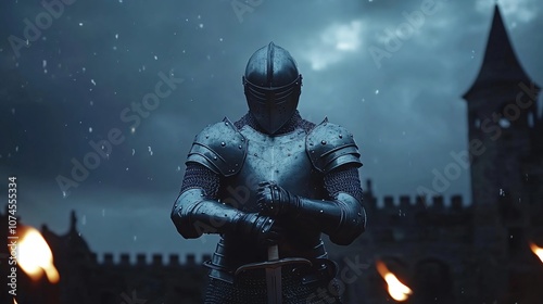 Knight in Armor Stands Guard in the Rain