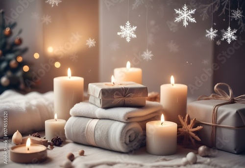 Christmas spa background with candles, cozy winter decor, and soft seasonal ambiance