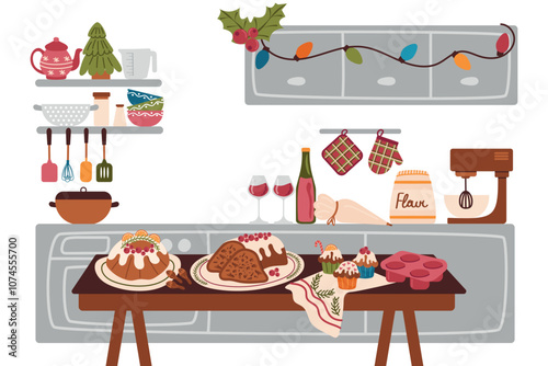 Kitchen interior. Decorated kitchen with a set table with Christmas pastries and cooking items