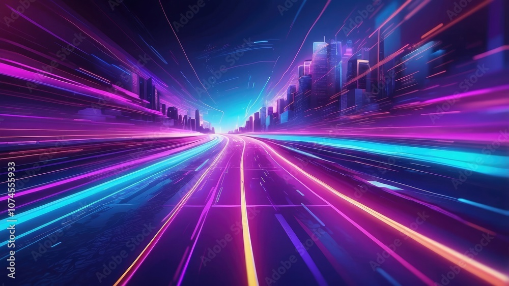 Concept of a panoramic high-speed technology with a bright, abstract backdrop. picture of a road with fast movements. Neon glow in blue and purple on an abstract background- Concept of a panoramic high-speed technology with a bright, abstract backdrop. picture of a road with fast movements. Neon glow in blue and purple on an abstract background-