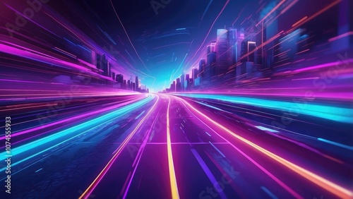 Concept of a panoramic high-speed technology with a bright, abstract backdrop. picture of a road with fast movements. Neon glow in blue and purple on an abstract background-