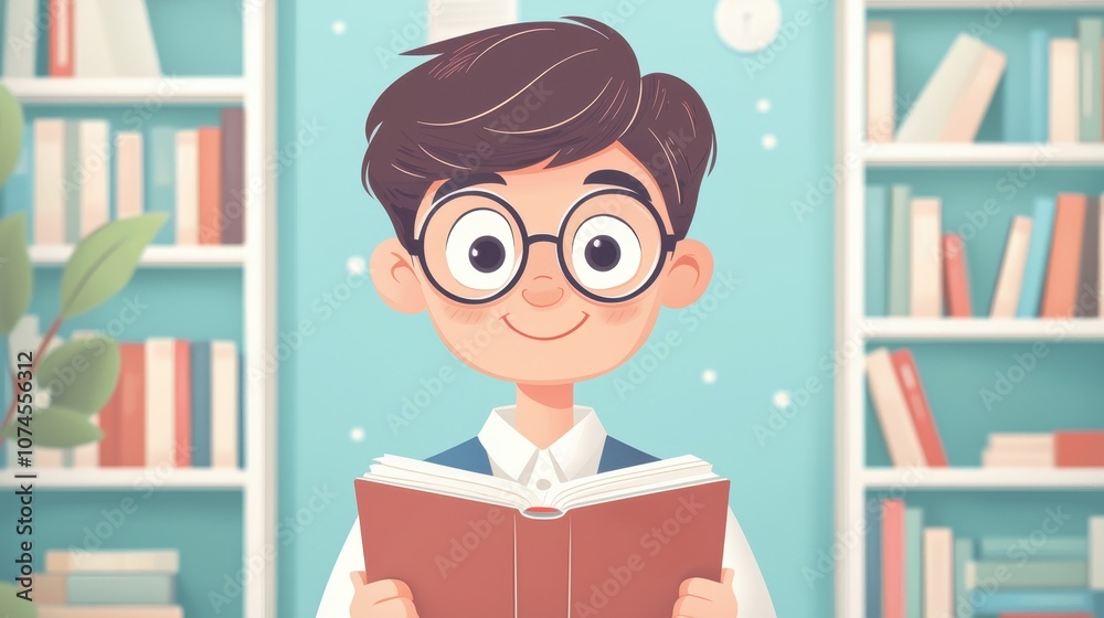 Engaging cartoon design of a young librarian reading a book surrounded by colorful bookshelves Engaging cartoon design of a young librarian reading a book surrounded by colorful bookshelves