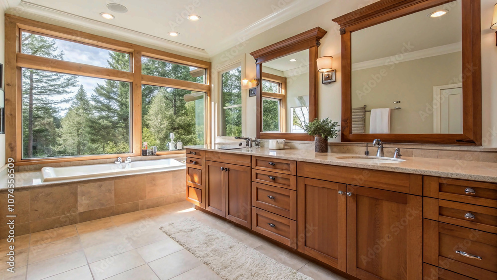 bathroom with warm wooden cabinetry and chrome fixtures, featuring a large window for natural light. bathroom with warm wooden cabinetry and chrome fixtures, featuring a large window for natural light.