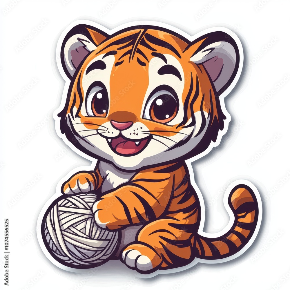 Adorable Tiger Cub Sticker Playing with Yarn Ball, Isolated on White Background, Perfect for Kawaii and Animal Concepts Adorable Tiger Cub Sticker Playing with Yarn Ball, Isolated on White Background, Perfect for Kawaii and Animal Concepts