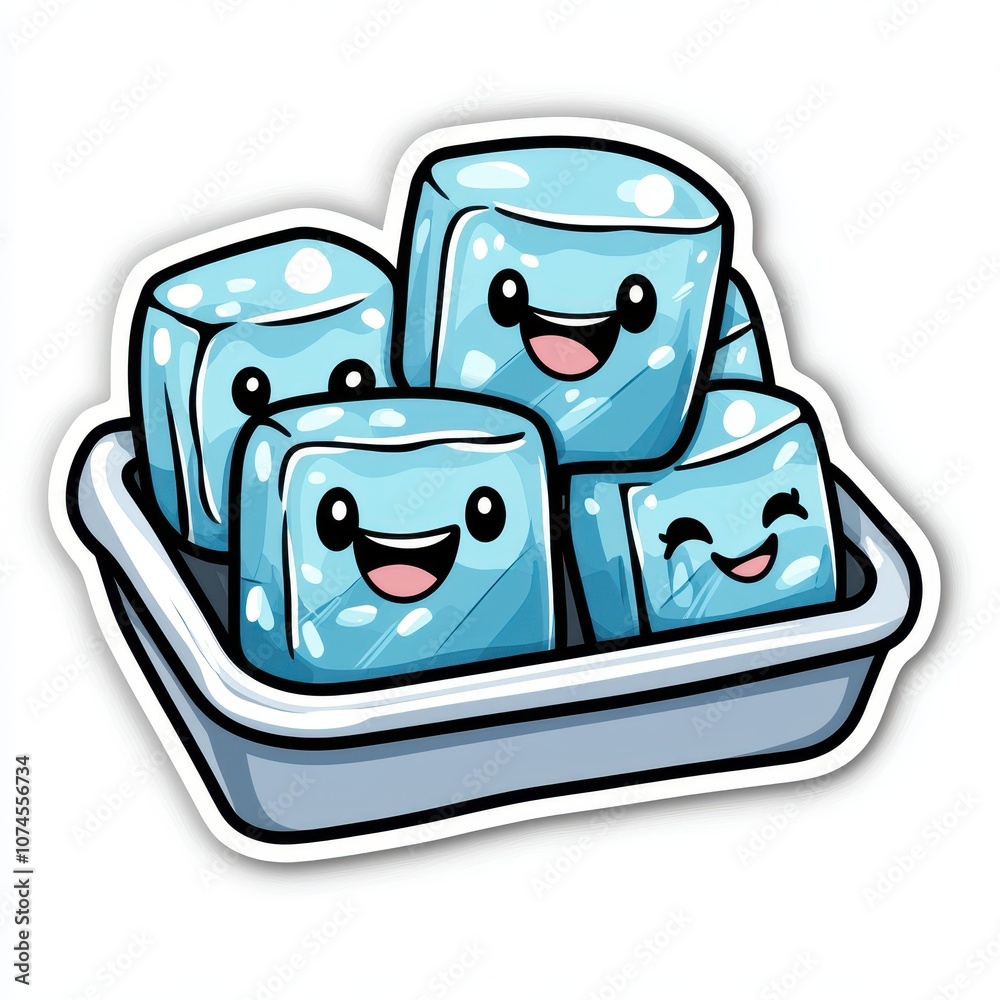 Cute Ice Cube Tray Sticker with Smiling Ice Cubes, Isolated on White Background, Perfect for Kawaii and Beverage-Themed Designs Cute Ice Cube Tray Sticker with Smiling Ice Cubes, Isolated on White Background, Perfect for Kawaii and Beverage-Themed Designs