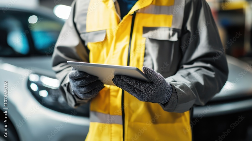 Auto mechanic in uniform holding a tablet and checking diagnostics, isolated on white, symbolizing modern technology in auto repair Auto mechanic in uniform holding a tablet and checking diagnostics, isolated on white, symbolizing modern technology in auto repair