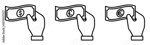 Set of dollar, pound, euro banknotes in hand icon. Editable stroke.