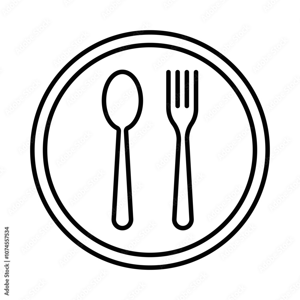 Outline icon of a plate with fork and spoon, symbolizing dining. Editable stroke. Outline icon of a plate with fork and spoon, symbolizing dining. Editable stroke.