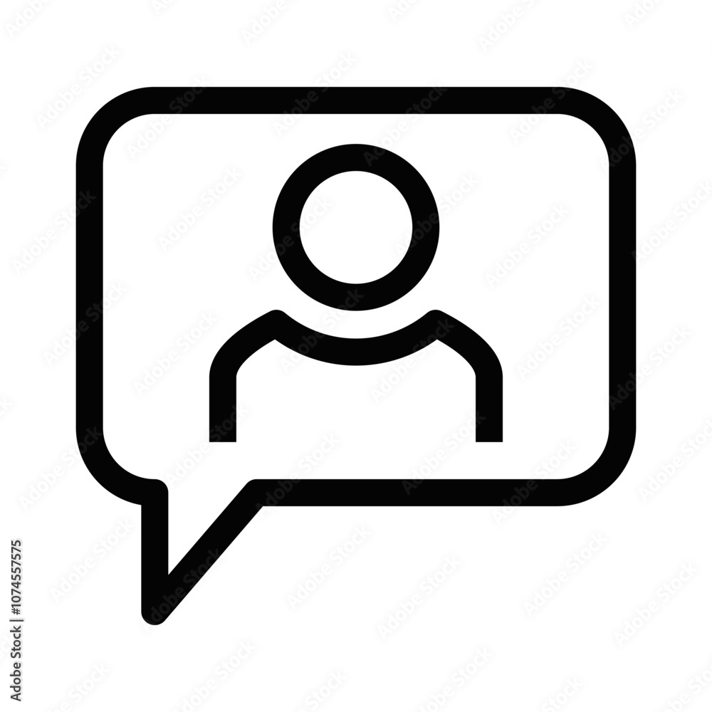 Outline icon of user in a chat bubble, symbolizing communication. Editable stroke.