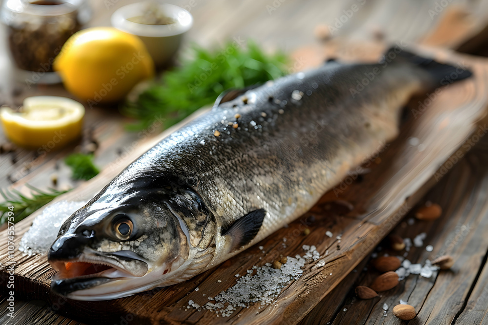 Raw Seabass isolated on a wooden table Raw Seabass isolated on a wooden table