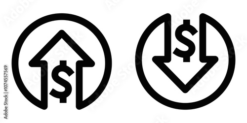 Outline icons of dollar symbol with up and down arrows. Editable stroke.