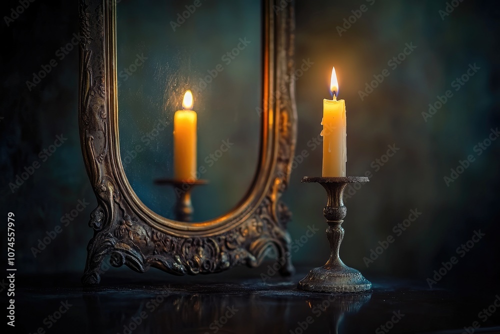 Ornate Mirror Reflecting a Burning Candle on a Candlestand Ornate Mirror Reflecting a Burning Candle on a Candlestand