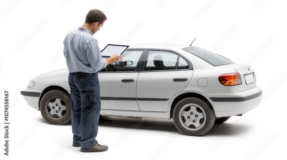 Auto technician using a tablet for car inspection, isolated on white, representing tech-enhanced repairs Auto technician using a tablet for car inspection, isolated on white, representing tech-enhanced repairs