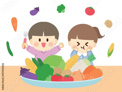 野菜プレートに喜ぶ子供_フラットデザイン
