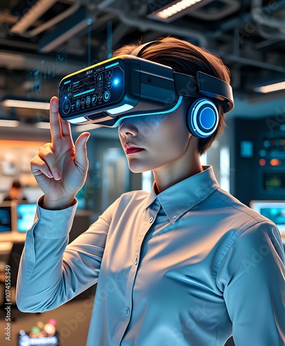 Professional Woman Demonstrating Futuristic VR Headset in Modern Office